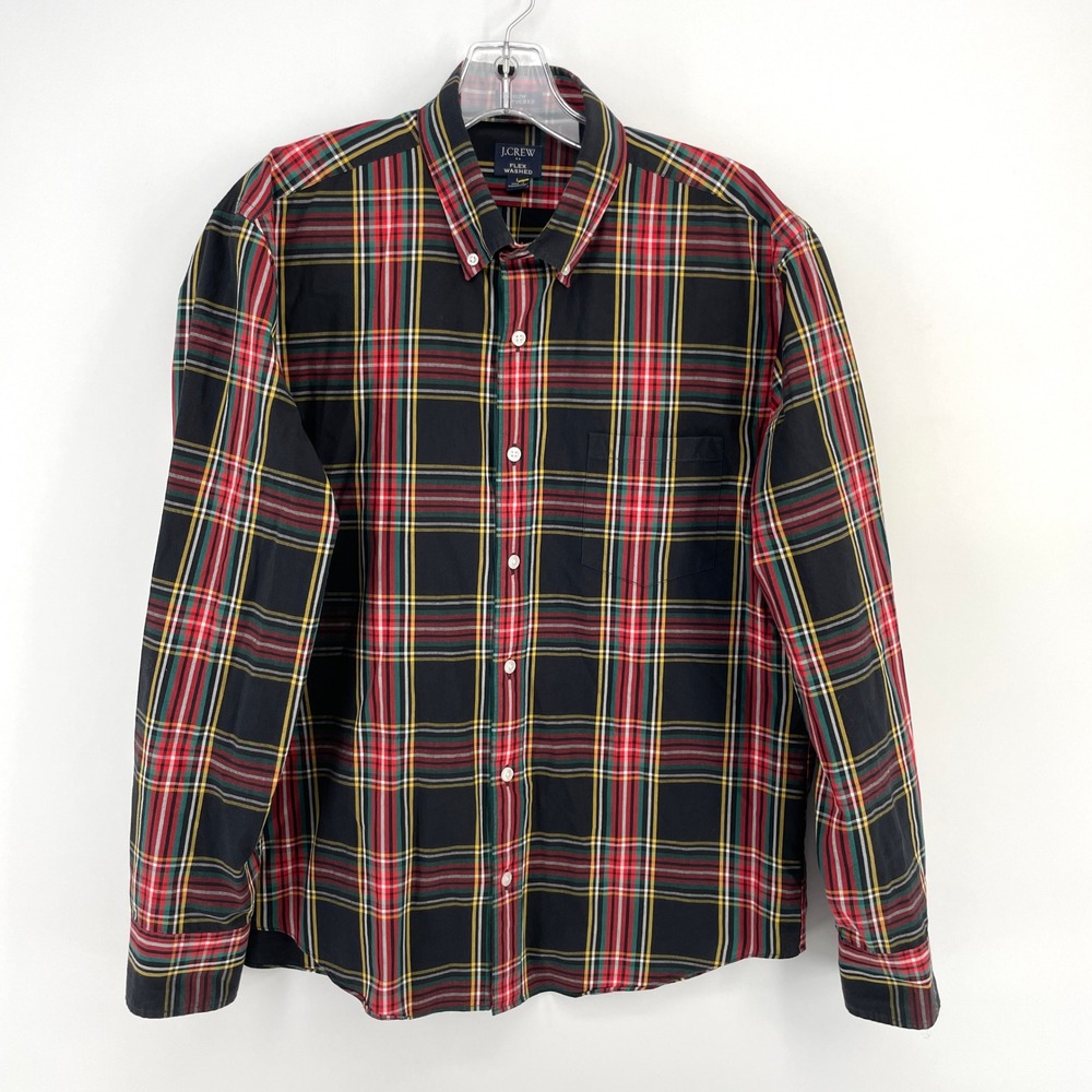J.Crew Flex Washed Slim Untucked Plaid Button Down Shirt Mens Large Black Red
